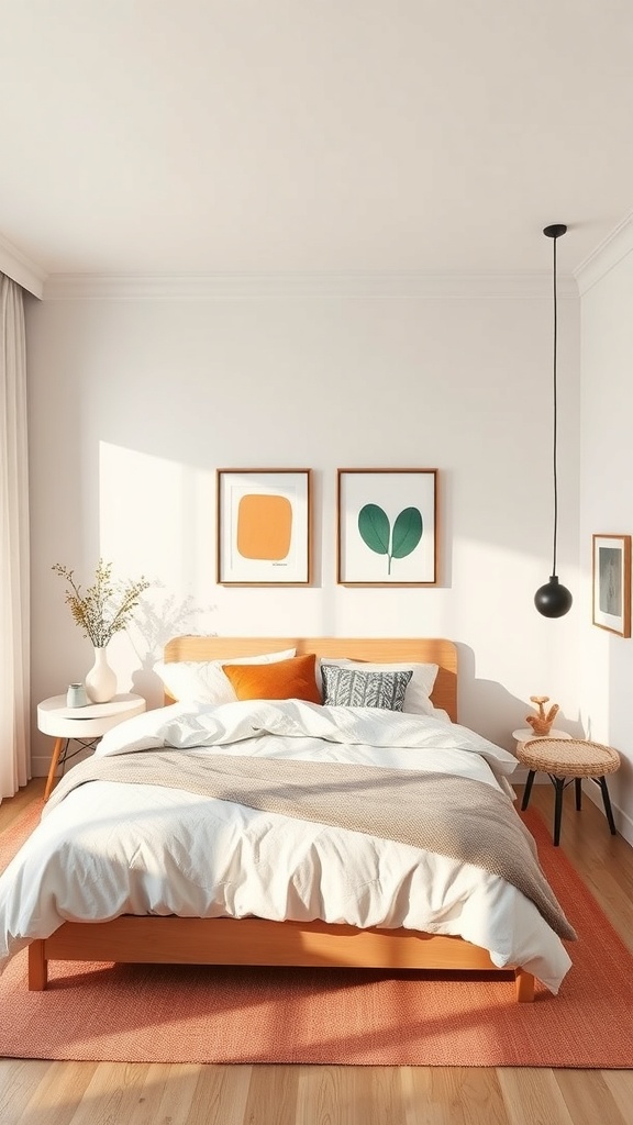 A minimalist Japanese bedroom featuring a wooden bed, soft bedding, and colorful wall art.