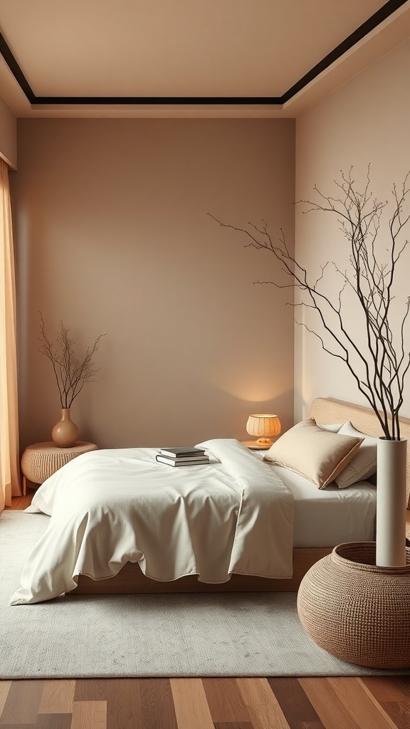 A serene Japandi-style bedroom with neutral colors, featuring a cozy bed, natural decor, and warm lighting.