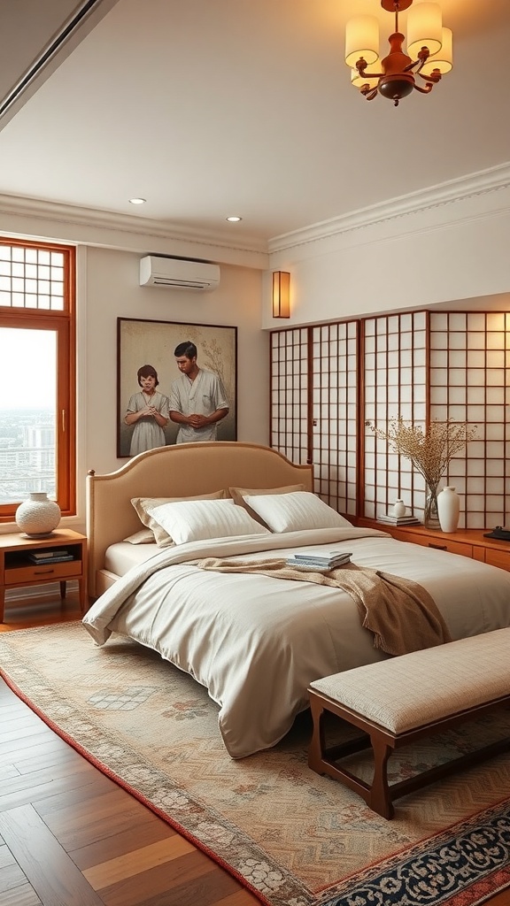 A cozy Japandi bedroom featuring neutral tones, wooden furniture, and natural light.