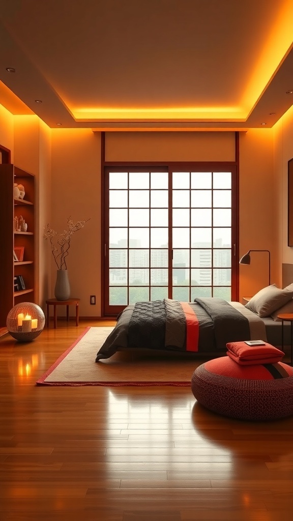 A serene Japandi bedroom featuring warm wood tones, neutral walls, and cozy bedding.