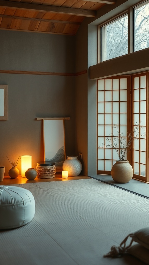 A cozy Japandi interior featuring warm lighting, soft textures, and natural materials.