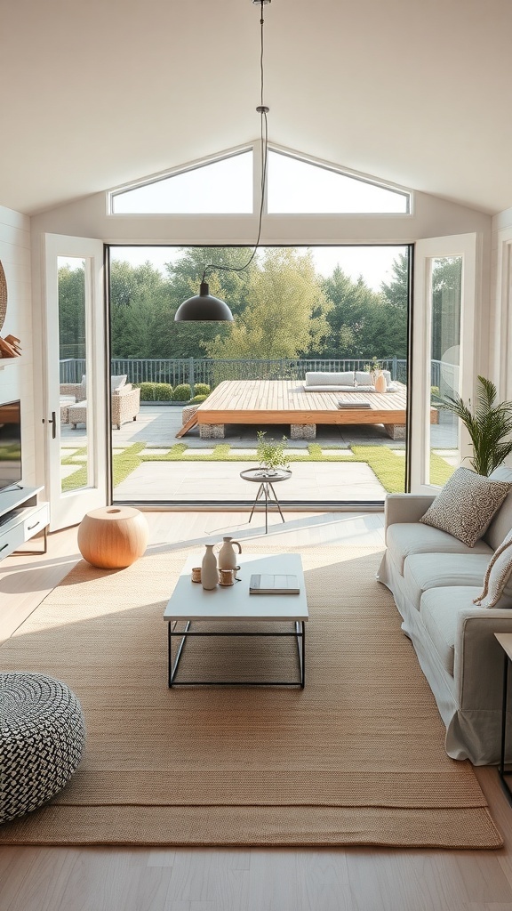Modernes Wohnzimmer mit großen Fenstern, die auf eine Terrasse blicken