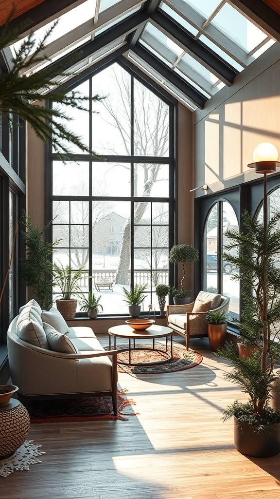 Ein moderner Wintergarten mit großen Fenstern, Pflanzen und gemütlichen Möbeln.