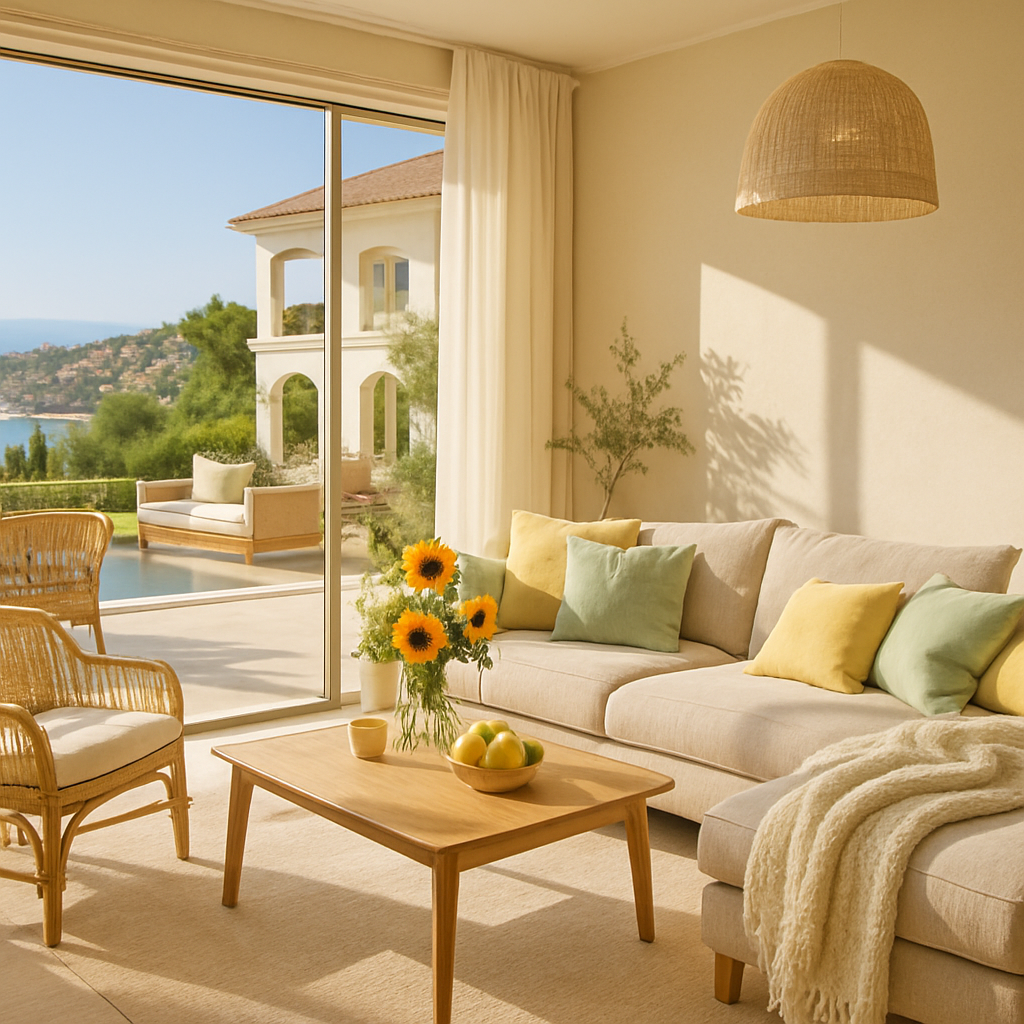 Helles Wohnzimmer mit großen Fenstern, gemütlichem Sofa und bunten Kissen, das eine harmonische Atmosphäre ausstrahlt.