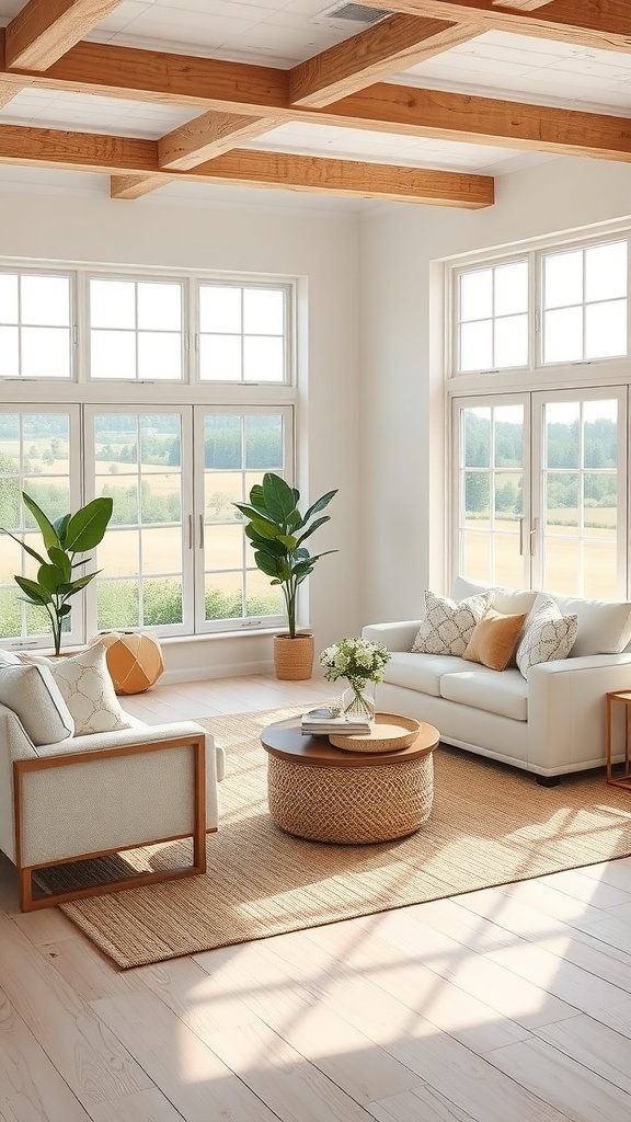 Modernes Wohnzimmer im Bauernhausstil mit harmonischen Farbkontrasten und lebendigen Akzenten.