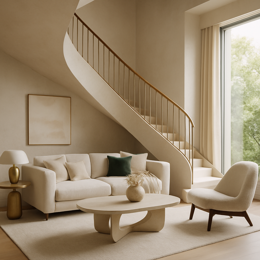 Ein stilvolles Wohnzimmer mit neutralen Tönen, einer geschwungenen Treppe und eleganten Möbeln.