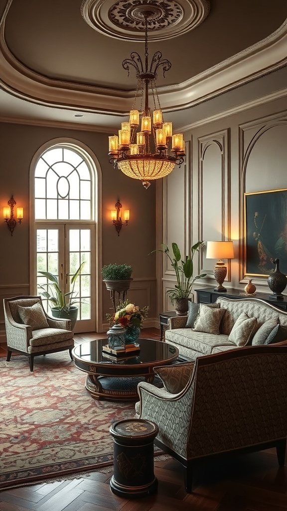 Elegantes Wohnzimmer mit harmonischen Farbkontrasten, Kronleuchter und stilvollen Möbeln