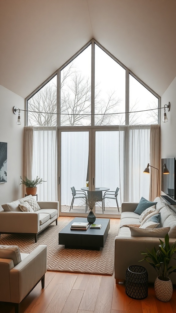 Ein stilvolles Wohnzimmer mit großen Fenstern, hellen Möbeln und einer harmonischen Farbpalette.