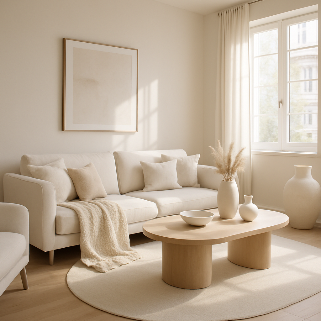 Ein stilvolles Wohnzimmer mit neutralen Farben, einer weißen Couch und einem minimalistischen Couchtisch.