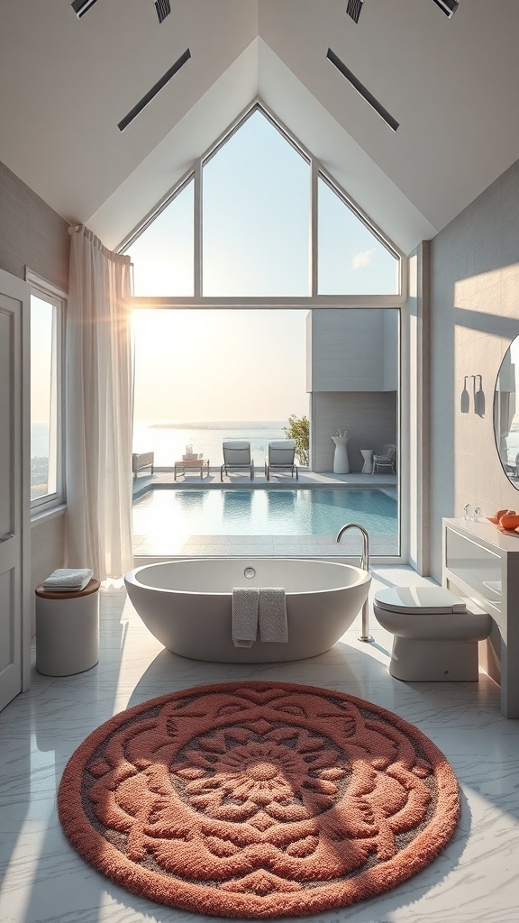 Modernes Badezimmer mit großen Fenstern, freistehender Badewanne und harmonischen Farben