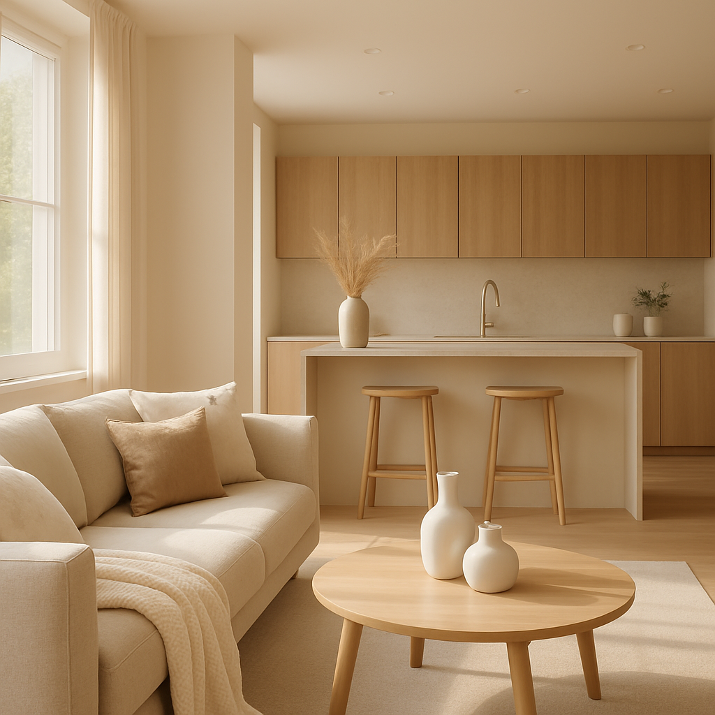 Ein modernes Wohnzimmer und eine Küche mit neutralen Farbtönen und Holzdetails.