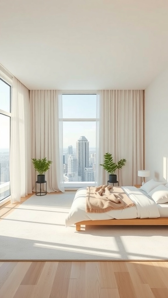 Minimalistisches Schlafzimmer mit harmonischen Farben und Blick auf die Stadt