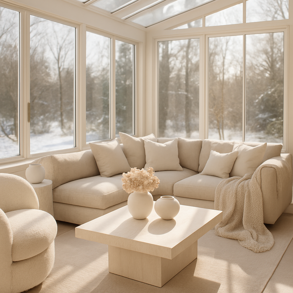 Ein moderner Wintergarten mit neutralen Farben, einer gemütlichen Couch und großen Fenstern, die viel Licht hereinlassen.
