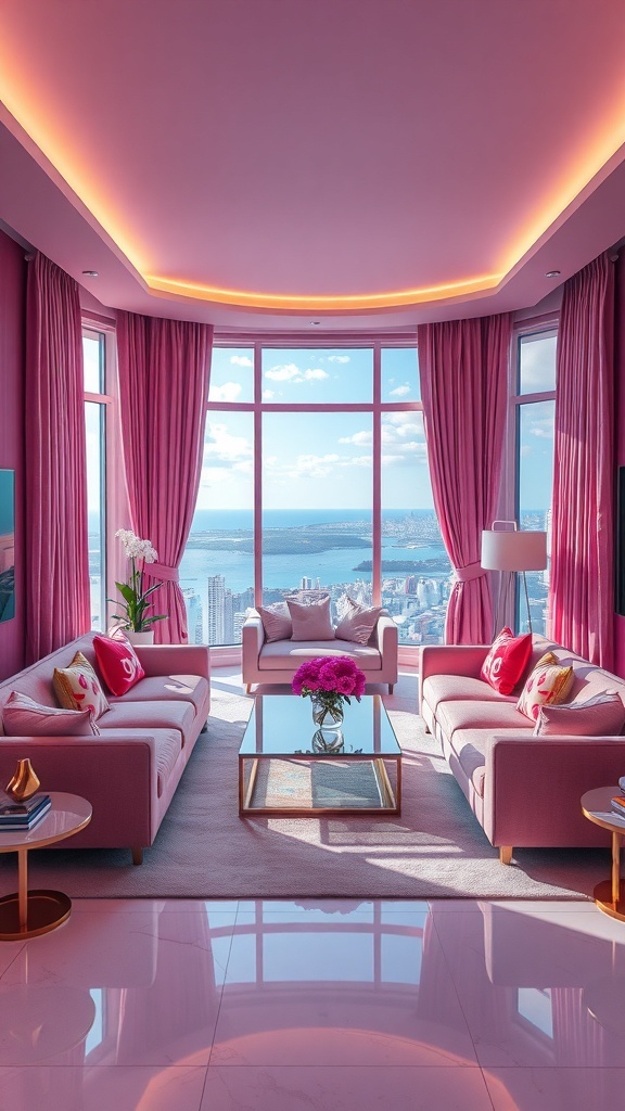 Ein stilvoll eingerichtetes Wohnzimmer mit harmonischen Farbverläufen in Rosa und sanften Tönen.