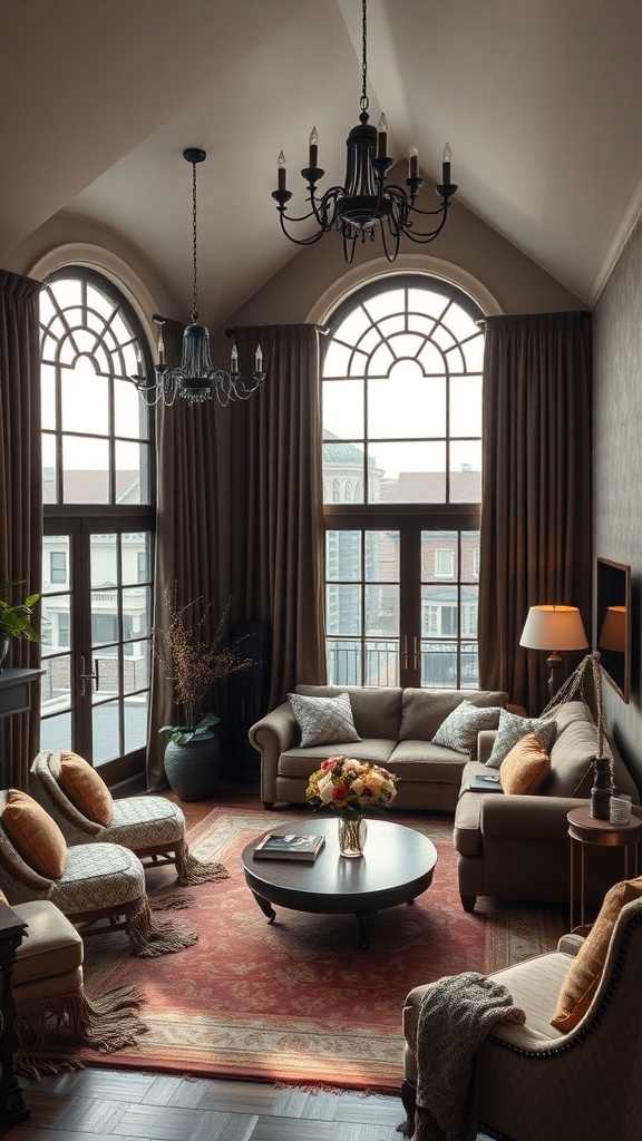 Luxuriöses Wohnzimmer mit hohen Fenstern, eleganten Vorhängen und stilvollem Mobiliar