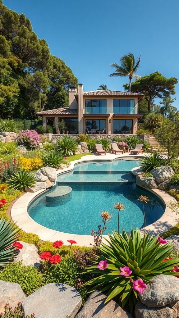 Ein schöner Garten mit einem Naturpool, umgeben von bunten Blumen und Pflanzen.