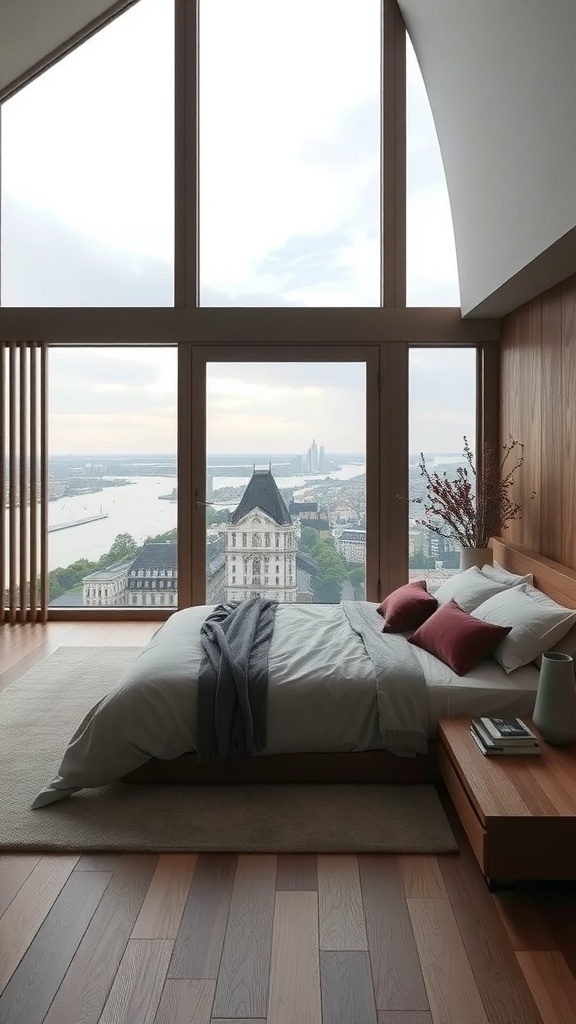 Luxuriöses Schlafzimmer mit großen Fenstern und Blick auf die Stadt