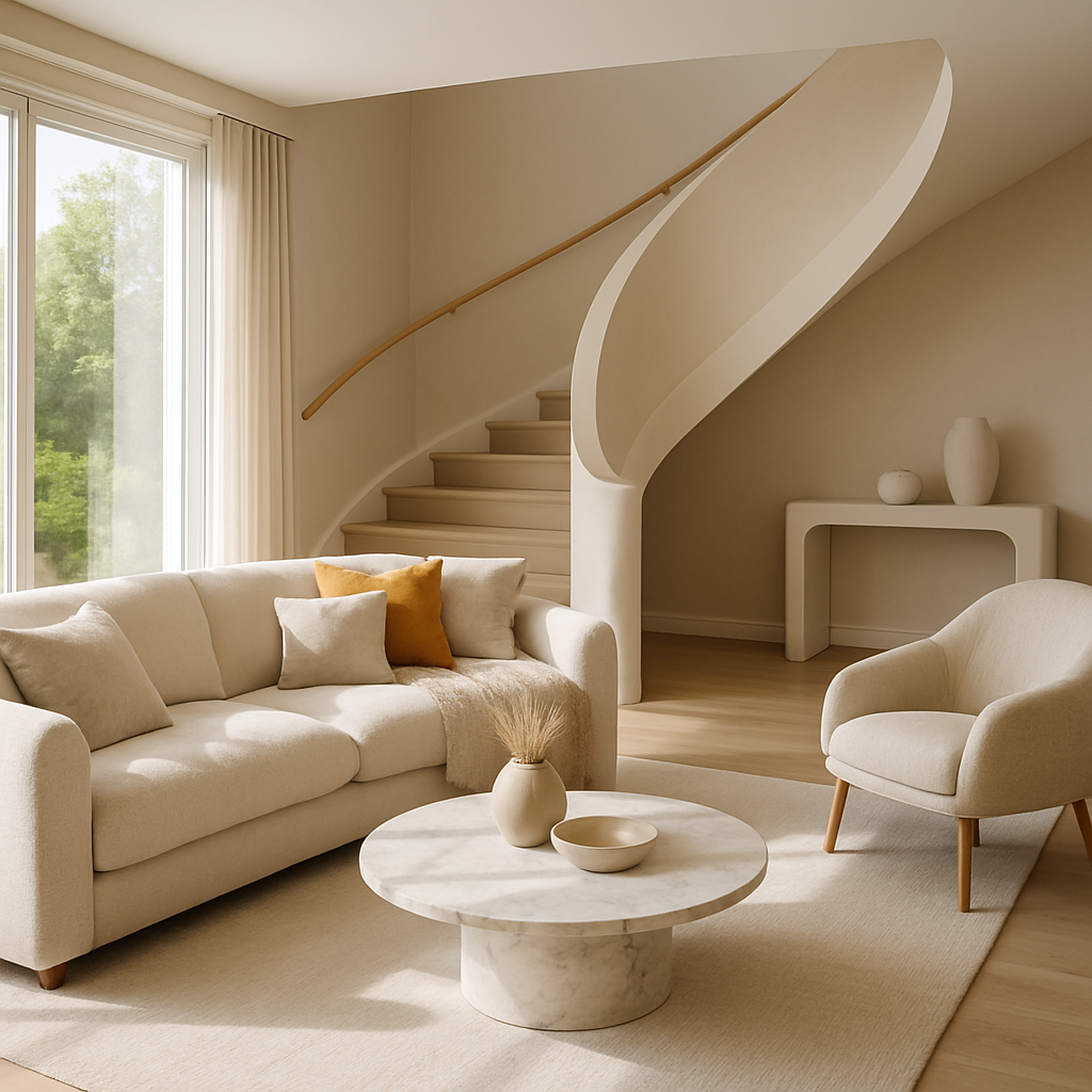 Modernes Wohnzimmer mit harmonischer Raumaufteilung, Sofa, Marmortisch und geschwungener Treppe