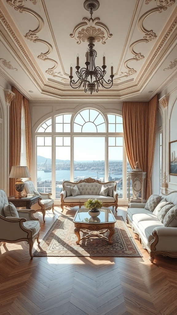 Luxuriöses Rococo-Wohnzimmer mit eleganten Möbeln und großen Fenstern