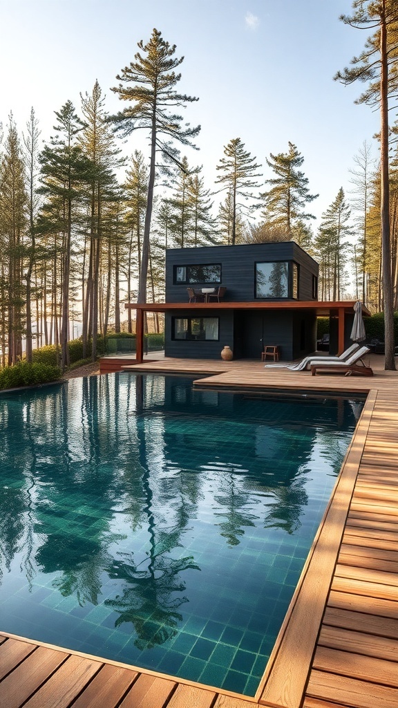Ein harmonisches Naturbad in Skandinavien, umgeben von Bäumen und einer Holzterrasse.