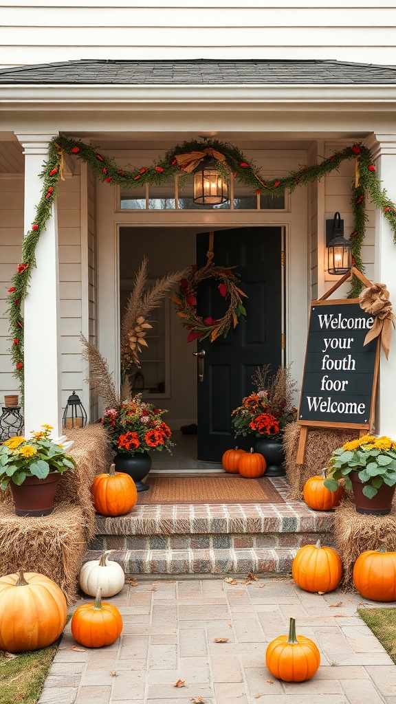 Harvest-inspired entryway with pumpkins, flowers, and a welcoming sign.