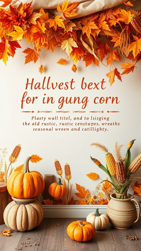 A wall decorated with autumn leaves, pumpkins, and corn, featuring the text 'Hallvest bext for in gung corn'.