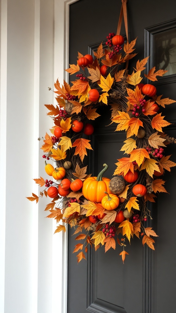 A beautiful harvest-themed wreath with pumpkins and autumn leaves on a black door.