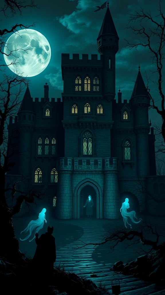 A haunted castle under a full moon with ghostly figures near the entrance.