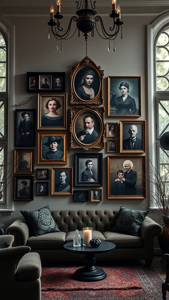 A wall filled with haunted portraits in ornate frames, creating a spooky atmosphere in a living room.