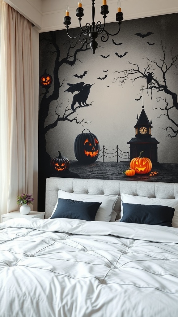 Haunted wall art featuring pumpkins, bats, and a spooky clock in a bedroom setting.