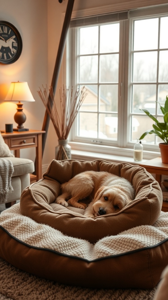A cozy heated dog bed with a golden retriever puppy resting comfortably inside.