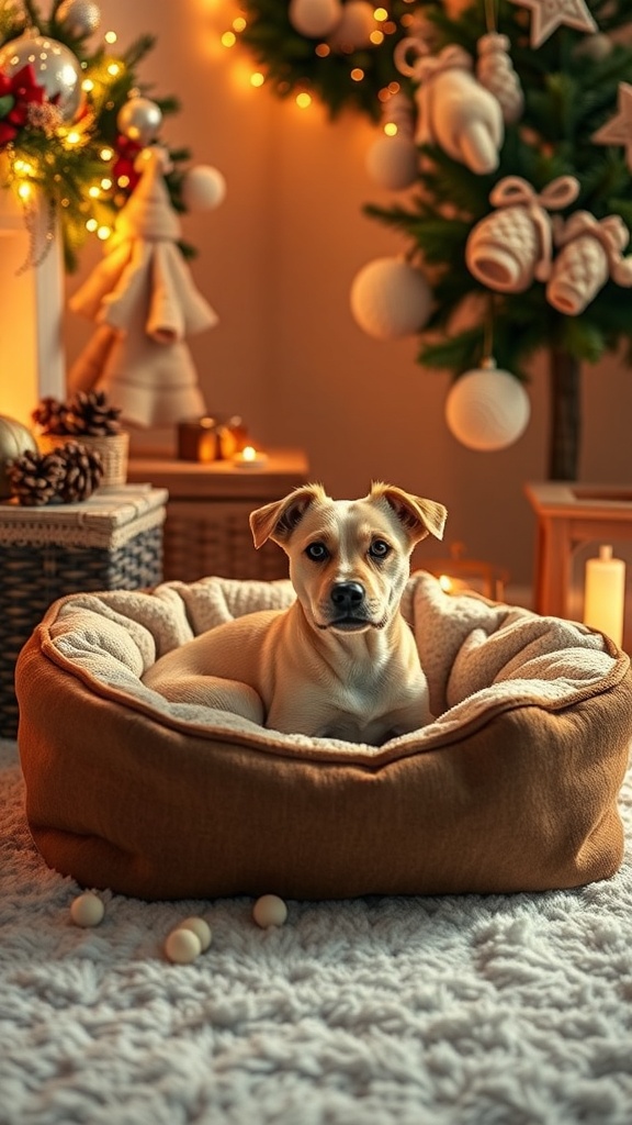 A cute dog resting in a cozy heated bed surrounded by festive decorations.