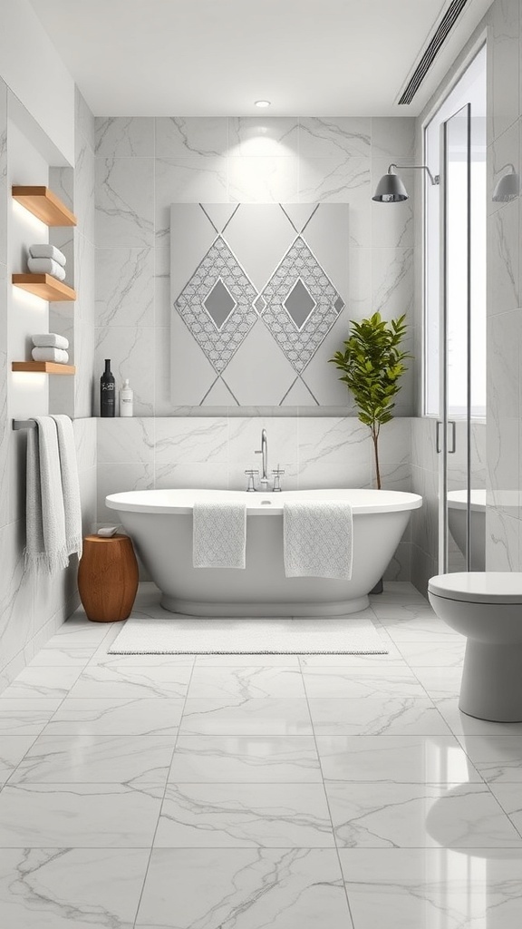 Modern bathroom with heated marble flooring, a freestanding bathtub, and minimalist decor.