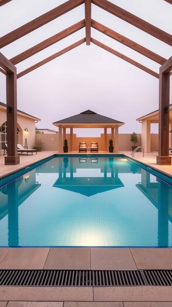 A heated swimming pool with a cozy cabana, featuring wooden beams and comfortable seating.