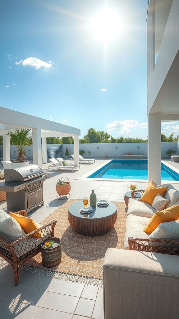 Ein heller und luftiger Außenbereich mit einem Pool, bequemen Möbeln und sonnigem Wetter.