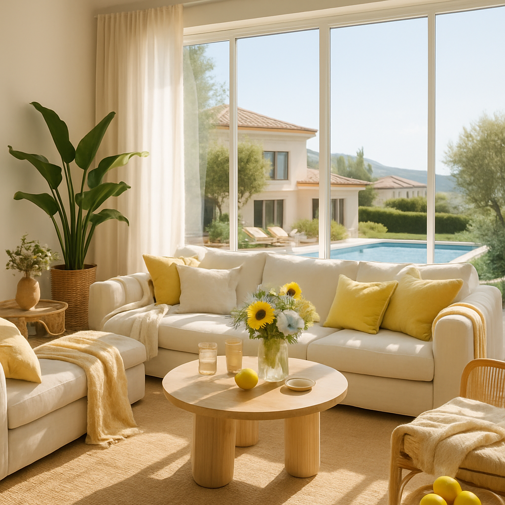 Helles Wohnzimmer mit gelben Kissen, Pflanzen und Blick auf den Pool