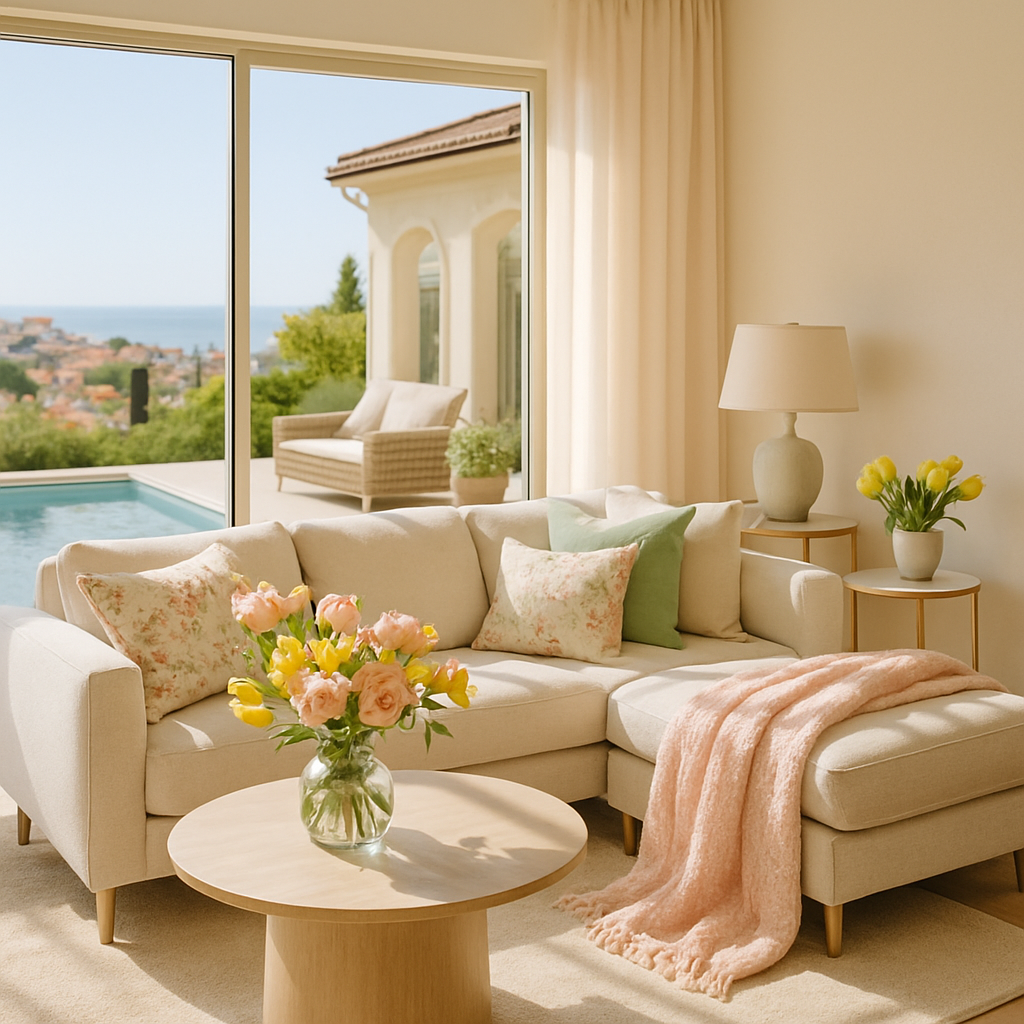 Helles Wohnzimmer mit Sofa, Blumen und Blick auf den Pool