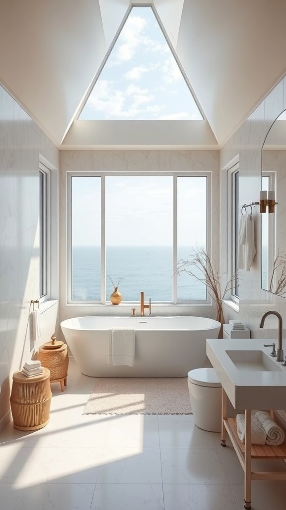 Helles Japandi-Badezimmer mit Meerblick, freistehender Badewanne und sanften Akzenten