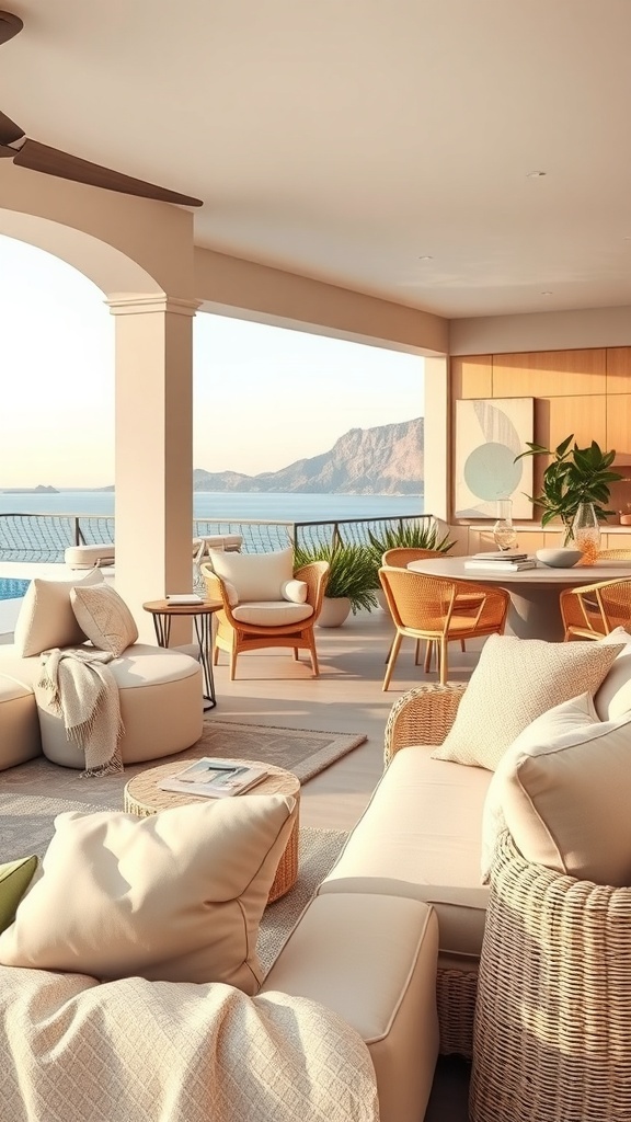 Stilvolle Terrasse mit hellen Pastellfarben und natürlichen Materialien