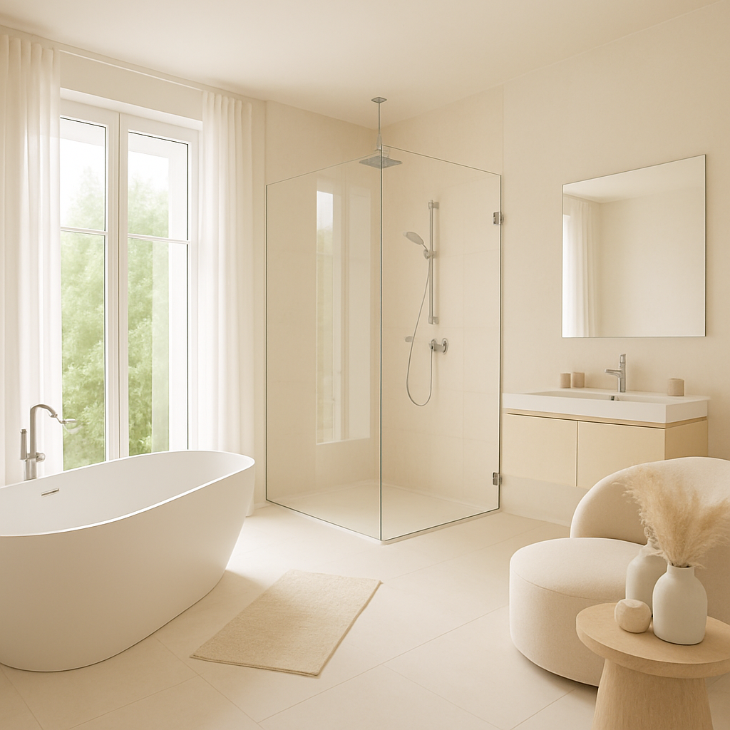 Helles und modernes Badezimmer mit Walk-In-Dusche und freistehender Badewanne