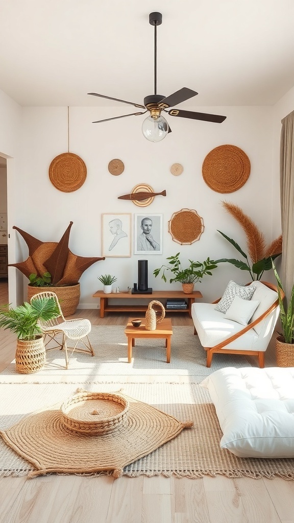 A cozy living room featuring hemp decor, with woven baskets, a rug, and plants, creating a warm and inviting atmosphere.