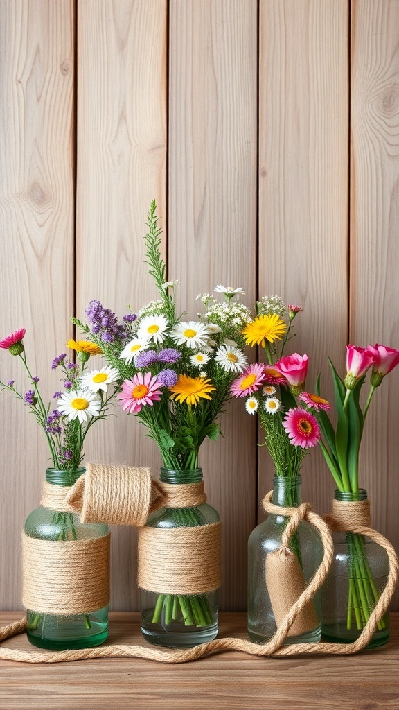 Three glass vases wrapped in hemp rope, filled with colorful flowers, against a wooden background.