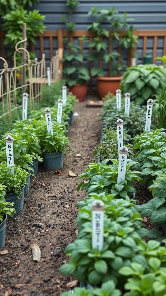 A garden with potted herbs and labeled plant markers