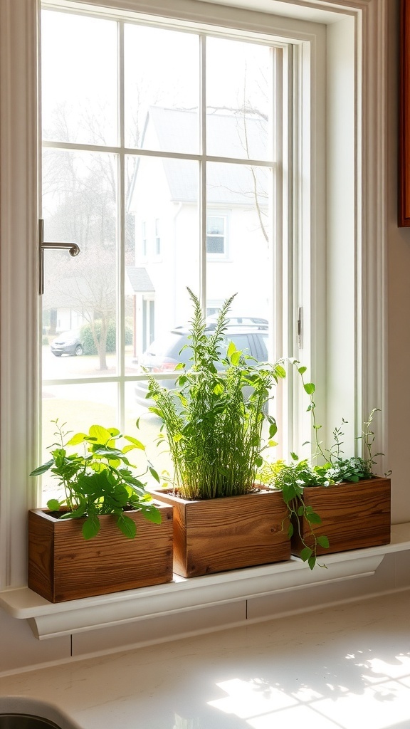 Three wooden planters with herbs on a windowsill