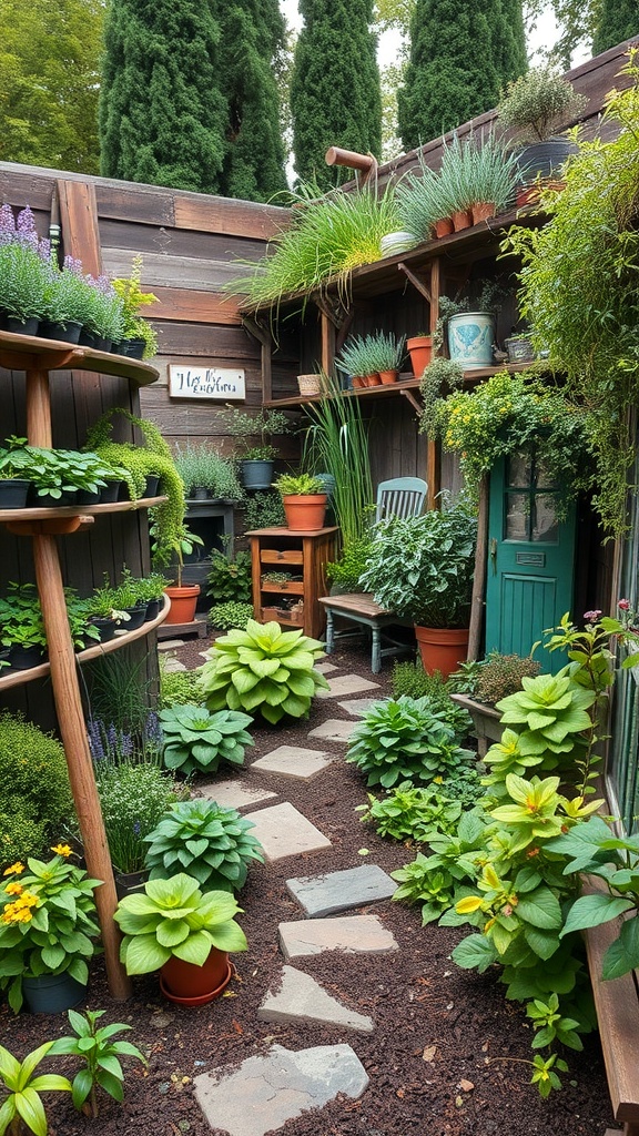A beautiful herb spiral garden filled with various plants and herbs, featuring a pathway and pots.