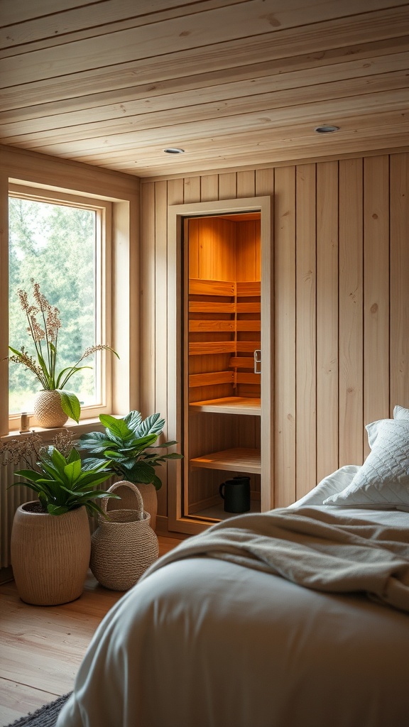 A cozy bedroom with a herbal infusion sauna, featuring wooden paneling, plants, and soft bedding.