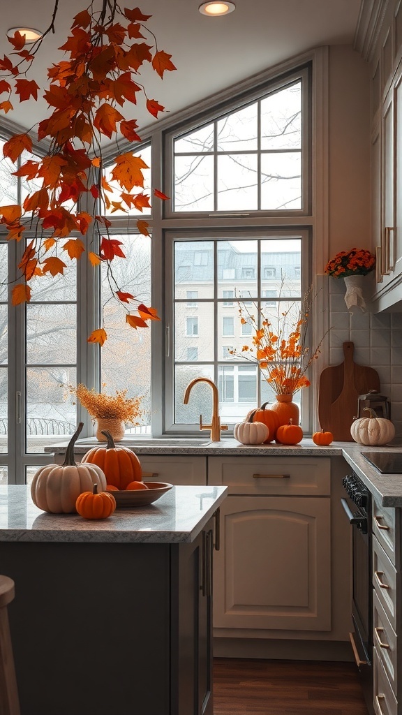 Küche mit herbstlicher Dekoration aus Kürbissen und bunten Blättern