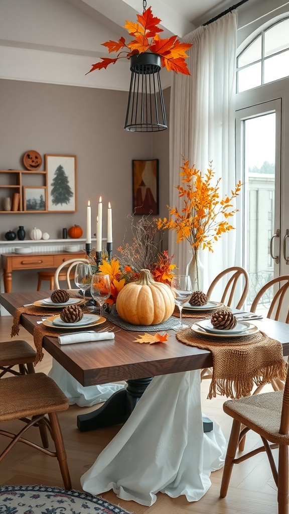 Ein herbstlich dekorierter Tisch mit Kürbis, Tannenzapfen und bunten Blättern.