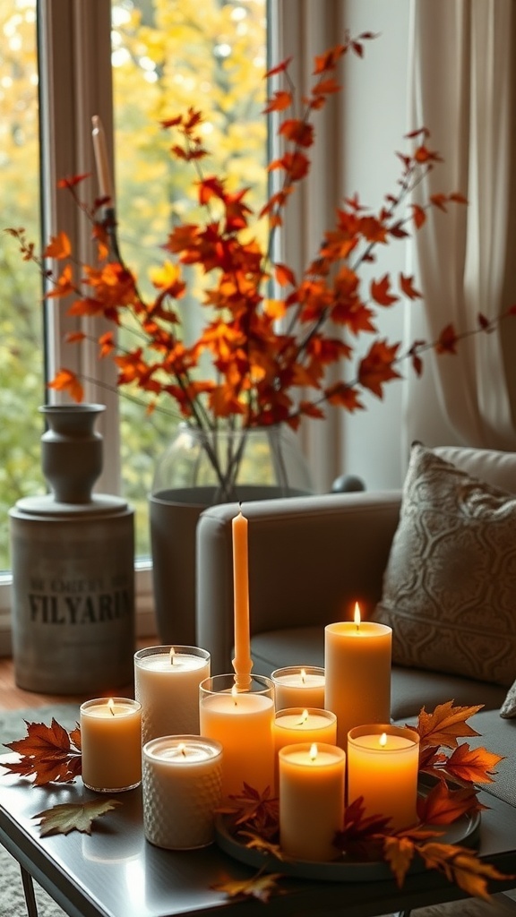Eine gemütliche Anordnung von Duftkerzen und Herbstblättern in einem Wohnzimmer