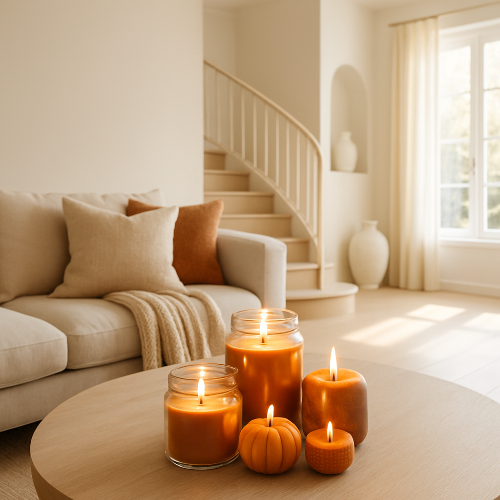 Gemütliche herbstliche Duftkerzen auf einem Holztisch im Wohnzimmer
